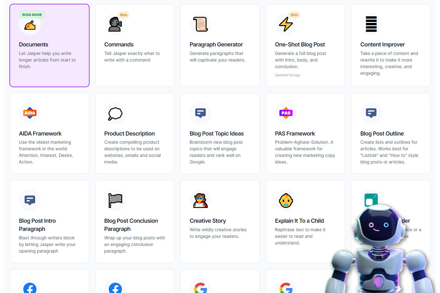 Available templates in Jasper AI